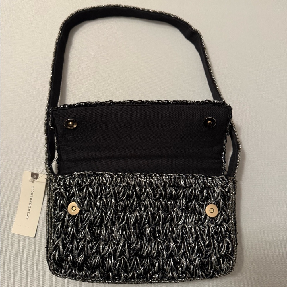 Anthropologie Maeve Fiona Crochet Beaded Bag Black & Silver - Picture 10 of 12